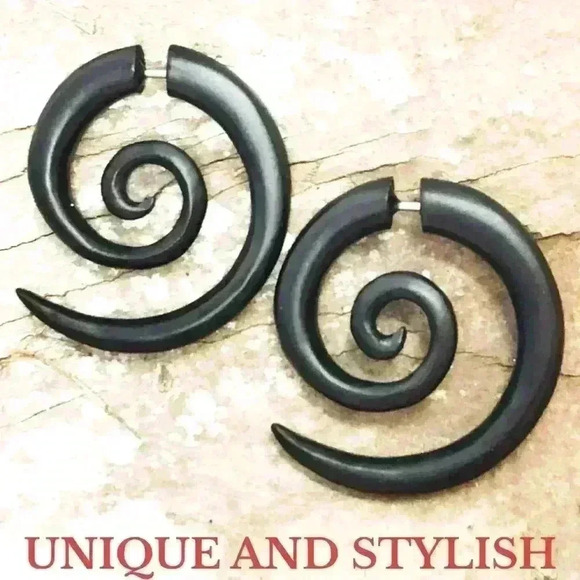 New Organic wooden spiral hoop earrings fake gauges by umbrellalaboratory - Picture 4 of 8